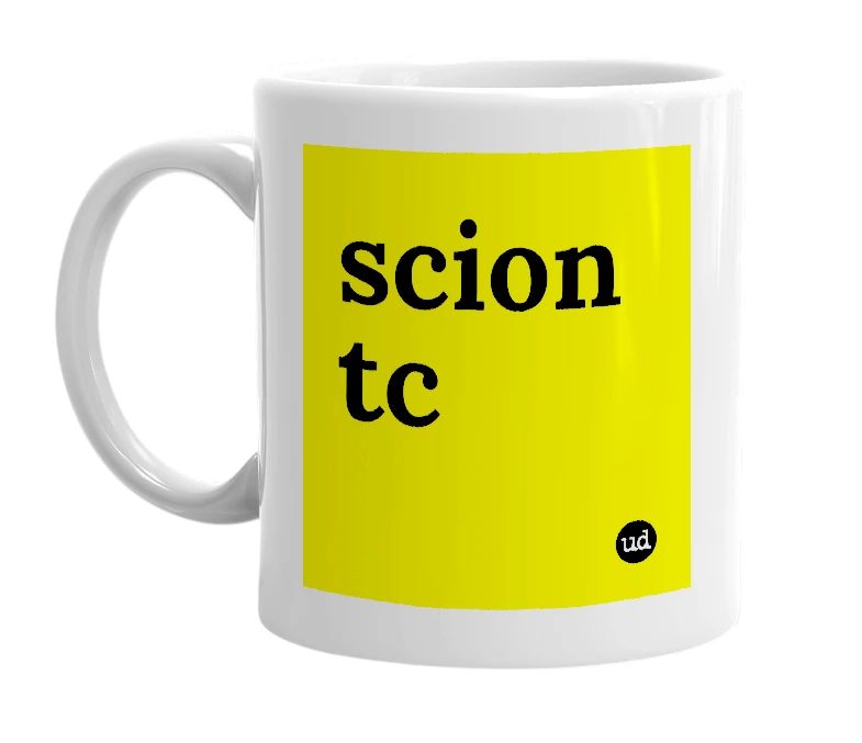 White mug with 'scion tc' in bold black letters