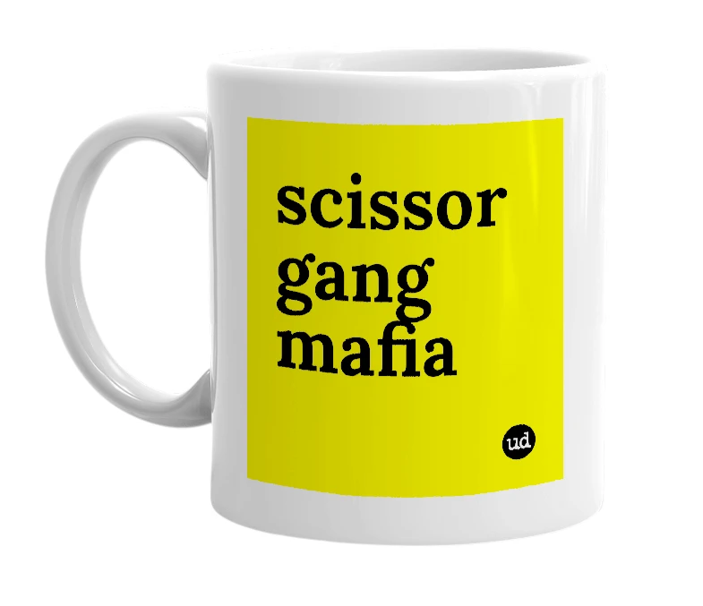 White mug with 'scissor gang mafia' in bold black letters