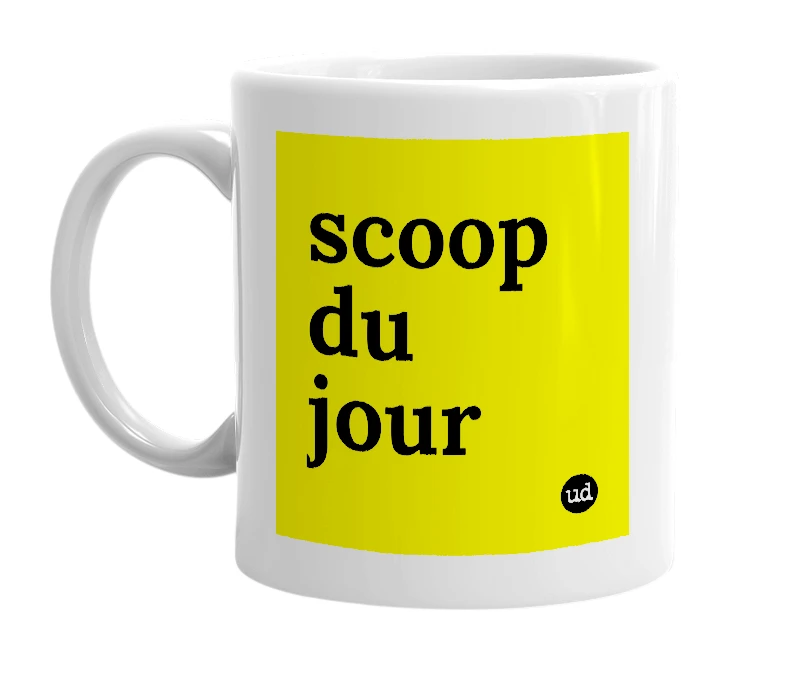 White mug with 'scoop du jour' in bold black letters