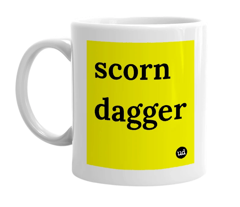 White mug with 'scorn dagger' in bold black letters