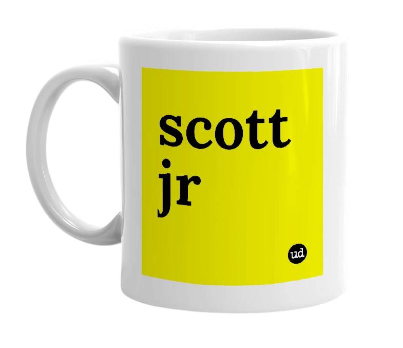 White mug with 'scott jr' in bold black letters