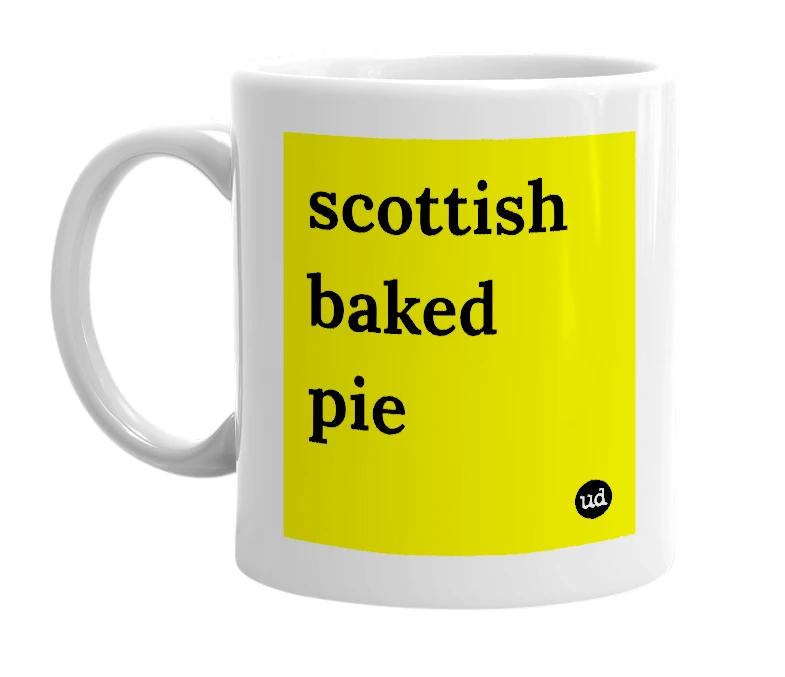 White mug with 'scottish baked pie' in bold black letters