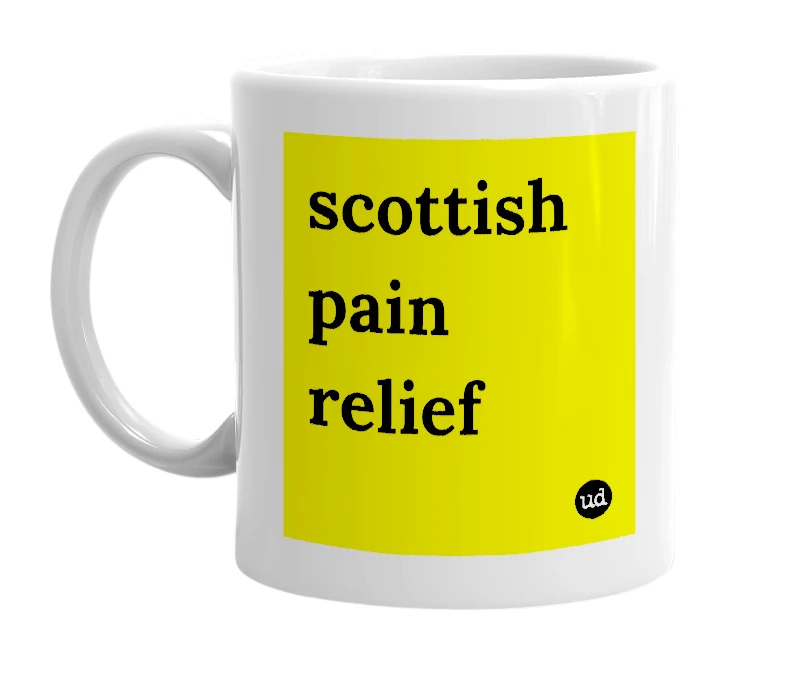 White mug with 'scottish pain relief' in bold black letters