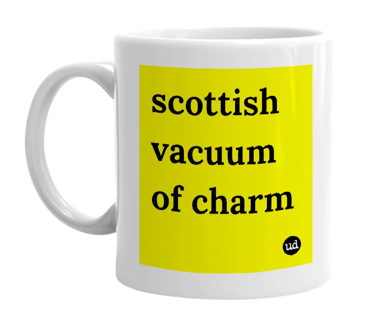 White mug with 'scottish vacuum of charm' in bold black letters