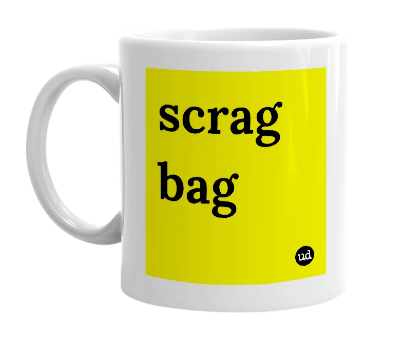 White mug with 'scrag bag' in bold black letters
