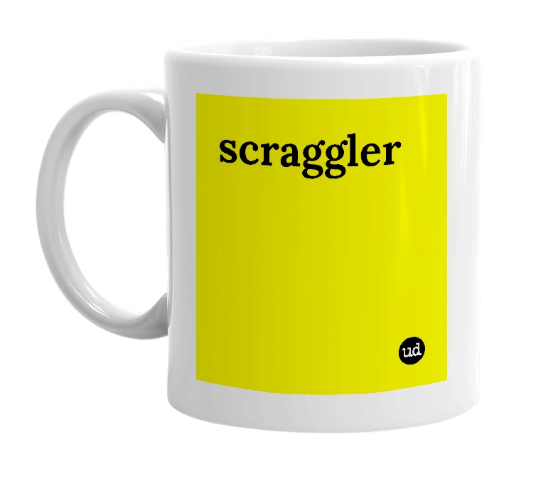 White mug with 'scraggler' in bold black letters