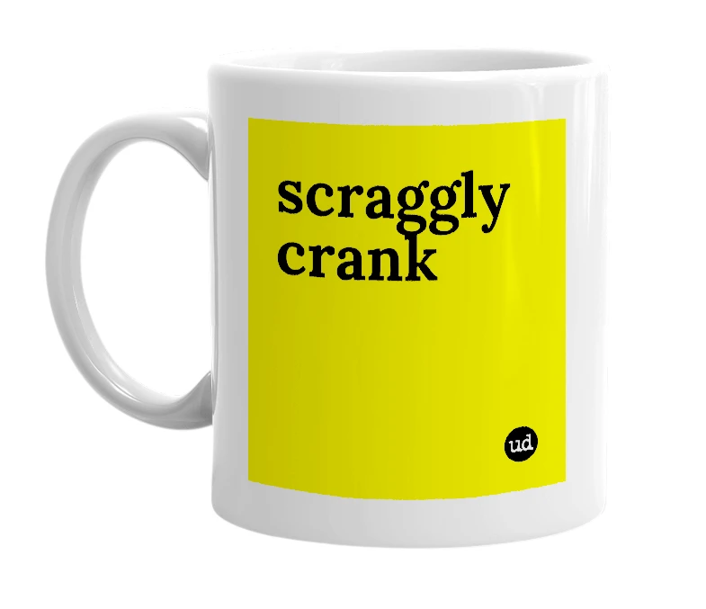 White mug with 'scraggly crank' in bold black letters