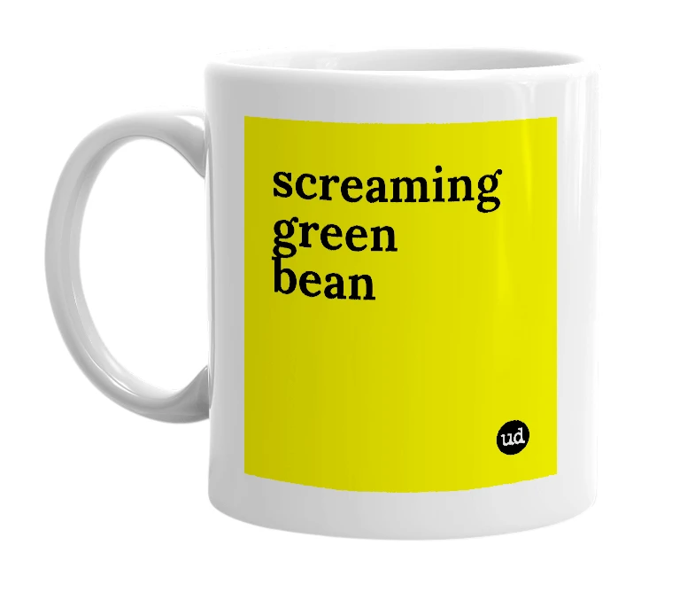 White mug with 'screaming green bean' in bold black letters