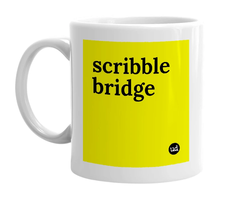 White mug with 'scribble bridge' in bold black letters