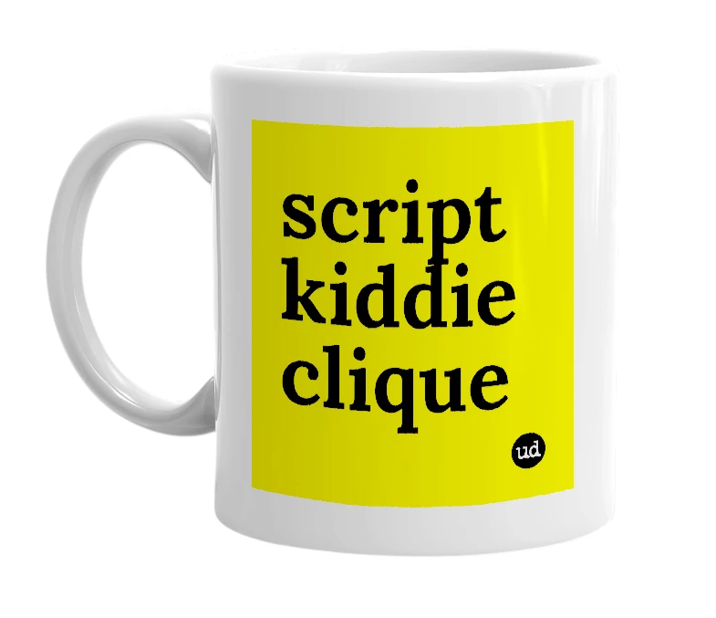 White mug with 'script kiddie clique' in bold black letters