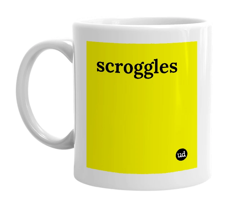 White mug with 'scroggles' in bold black letters