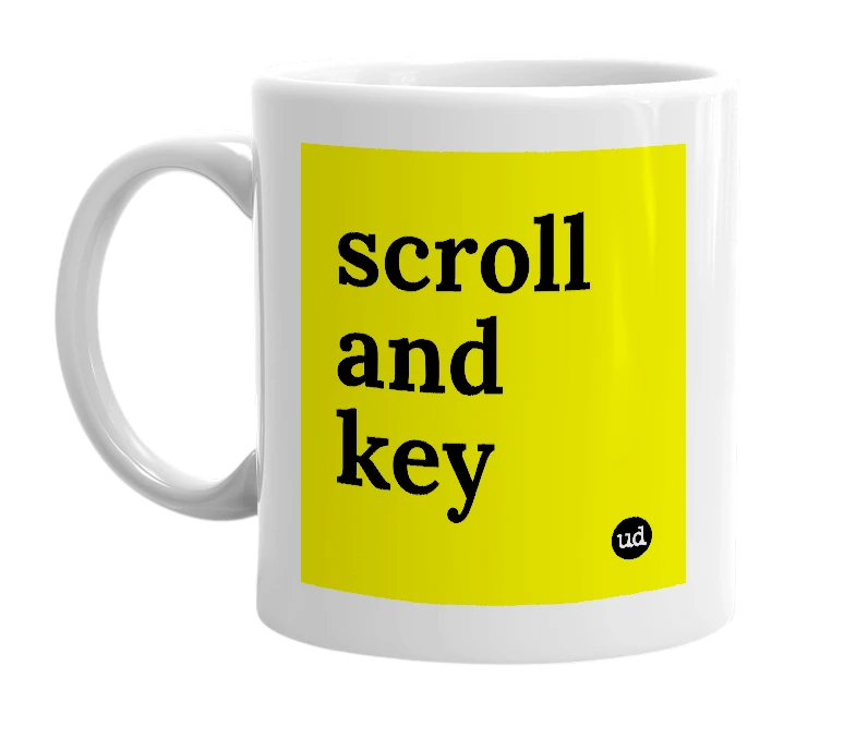 White mug with 'scroll and key' in bold black letters