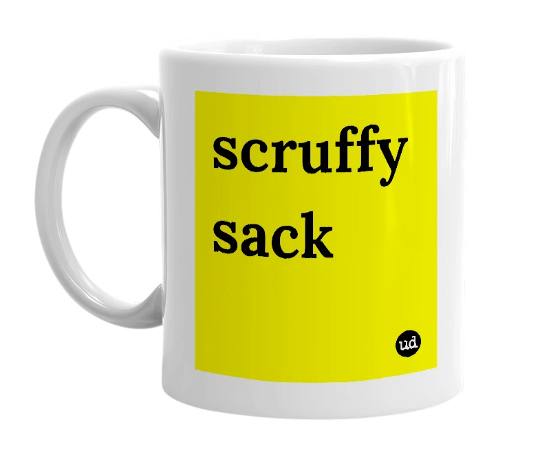 White mug with 'scruffy sack' in bold black letters