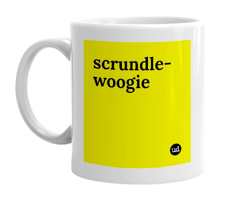 White mug with 'scrundle-woogie' in bold black letters