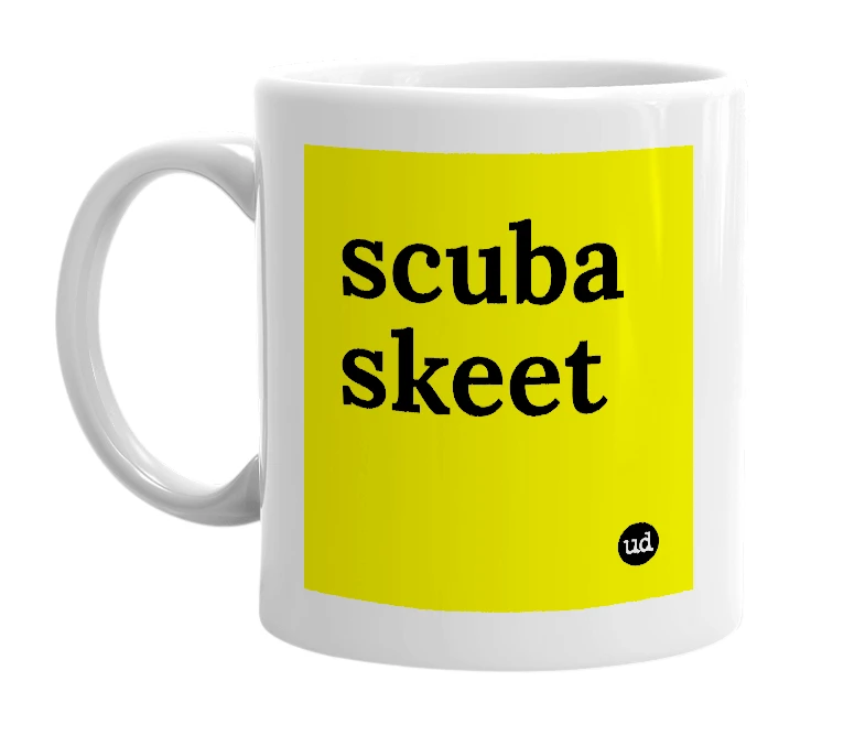 White mug with 'scuba skeet' in bold black letters