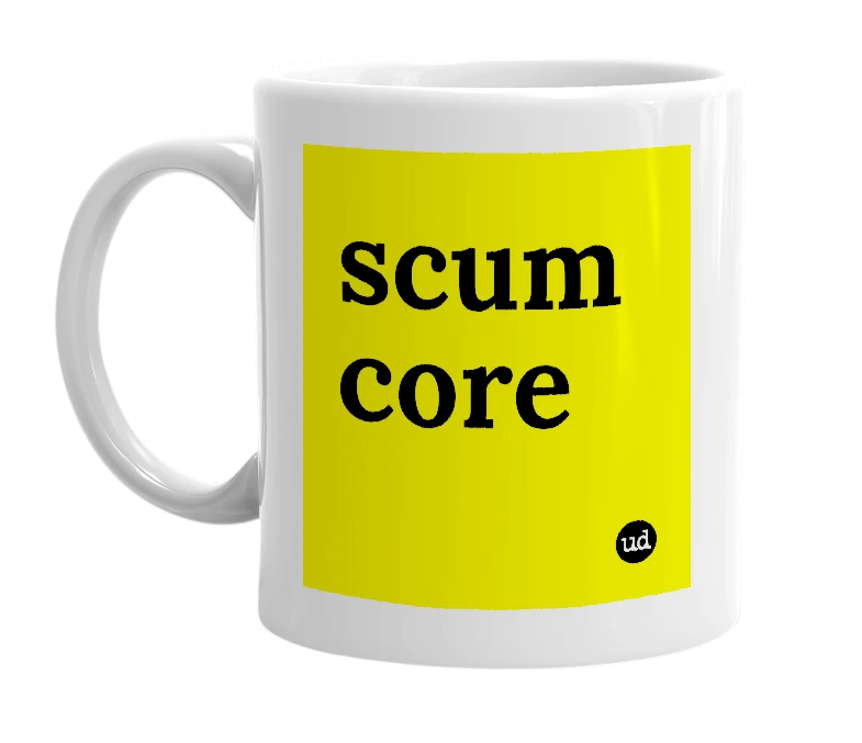 White mug with 'scum core' in bold black letters