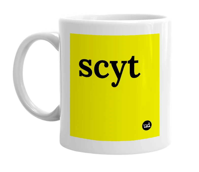 White mug with 'scyt' in bold black letters