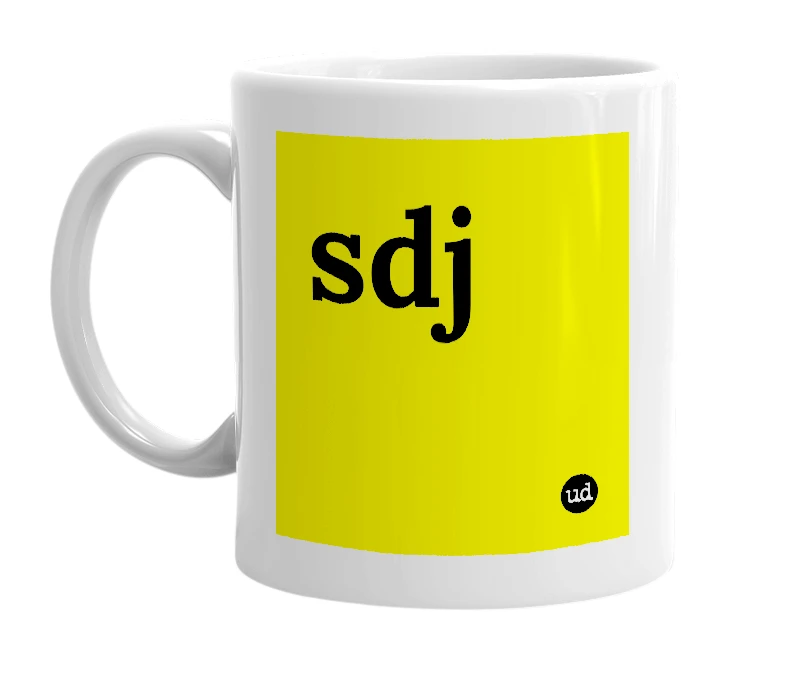 White mug with 'sdj' in bold black letters