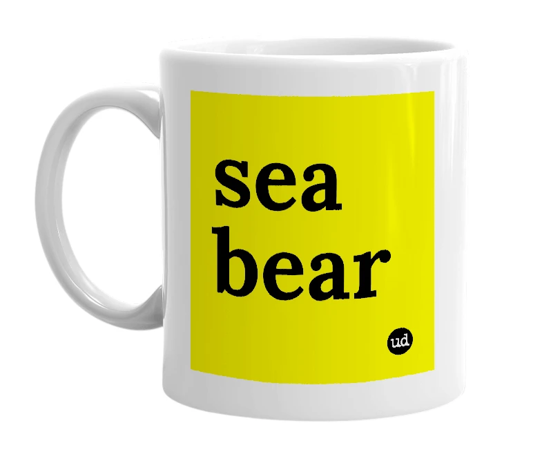 White mug with 'sea bear' in bold black letters