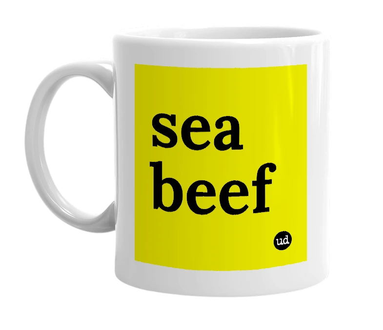 White mug with 'sea beef' in bold black letters