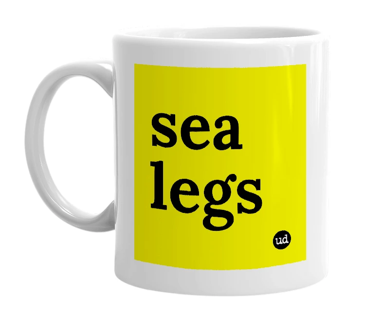 White mug with 'sea legs' in bold black letters