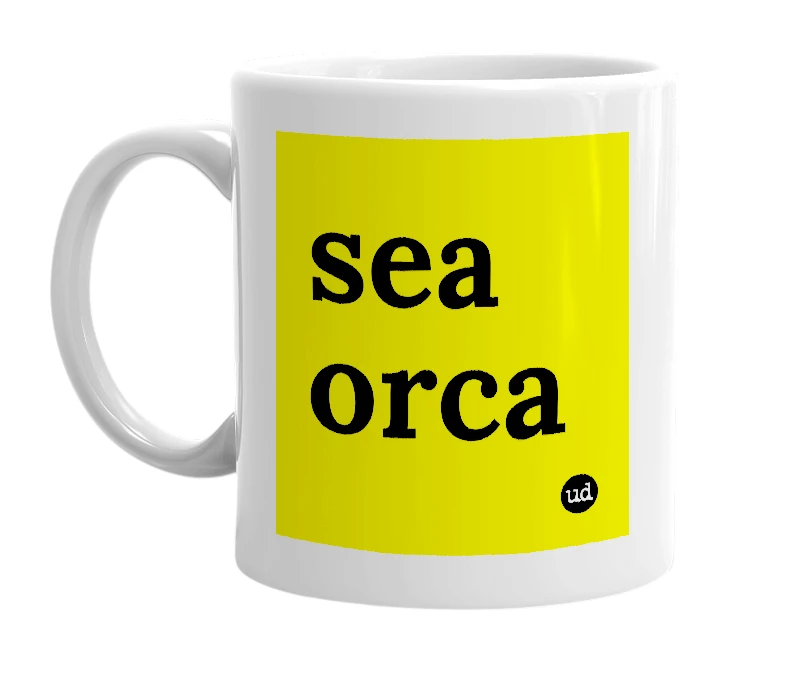 White mug with 'sea orca' in bold black letters