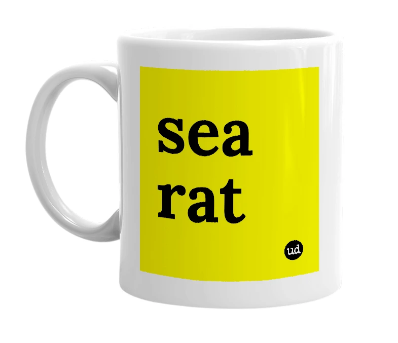 White mug with 'sea rat' in bold black letters