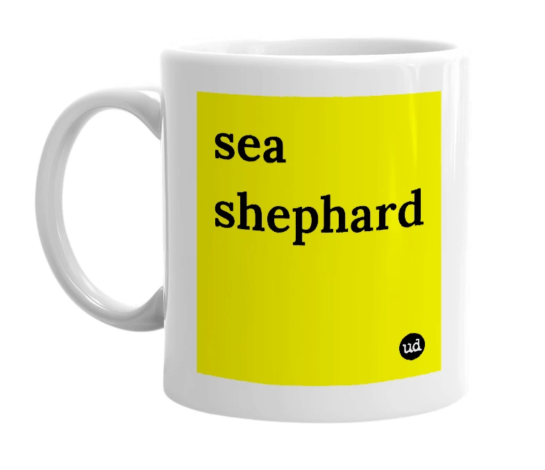 White mug with 'sea shephard' in bold black letters