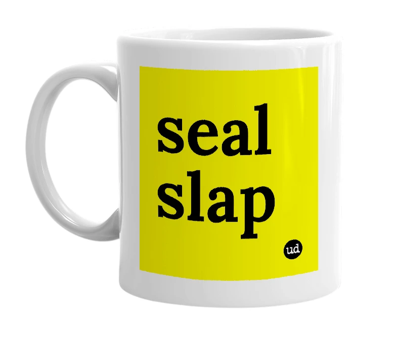 White mug with 'seal slap' in bold black letters