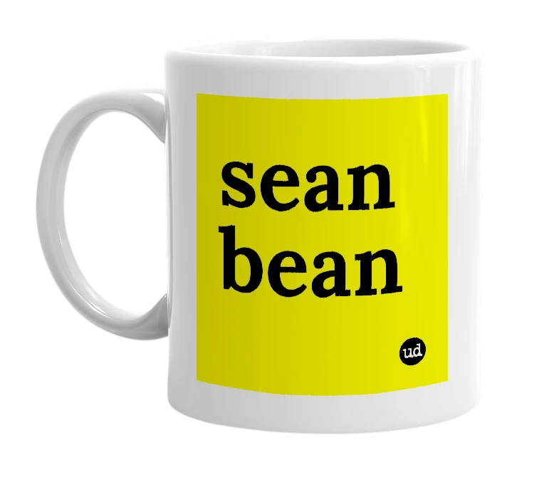 White mug with 'sean bean' in bold black letters