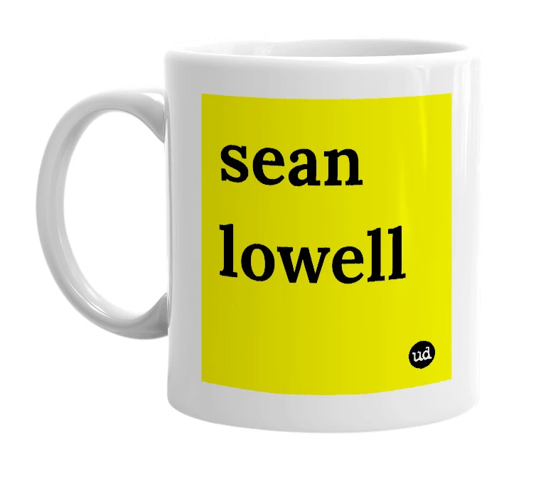 White mug with 'sean lowell' in bold black letters