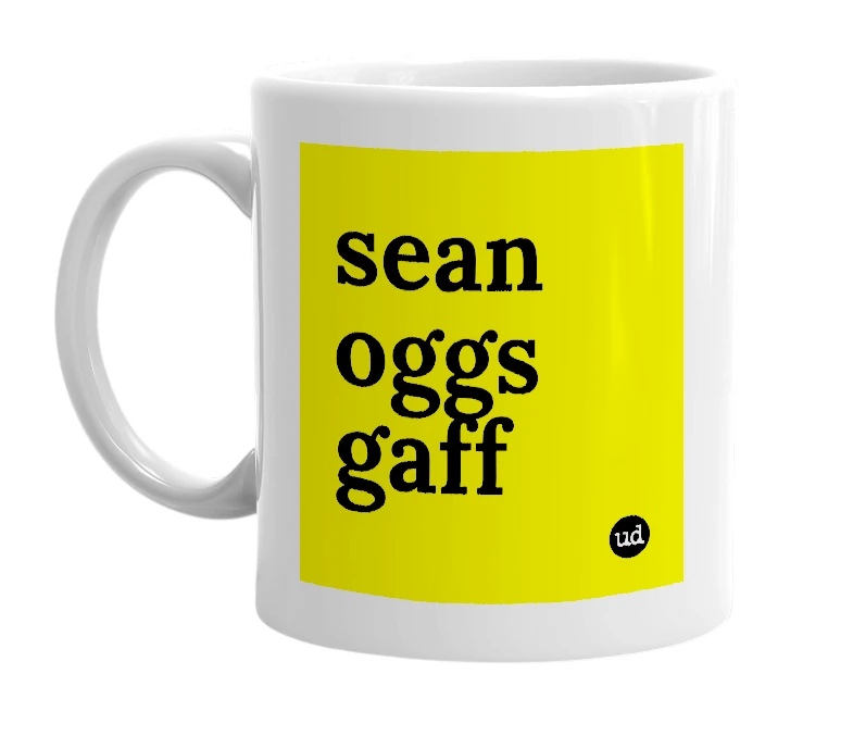 White mug with 'sean oggs gaff' in bold black letters