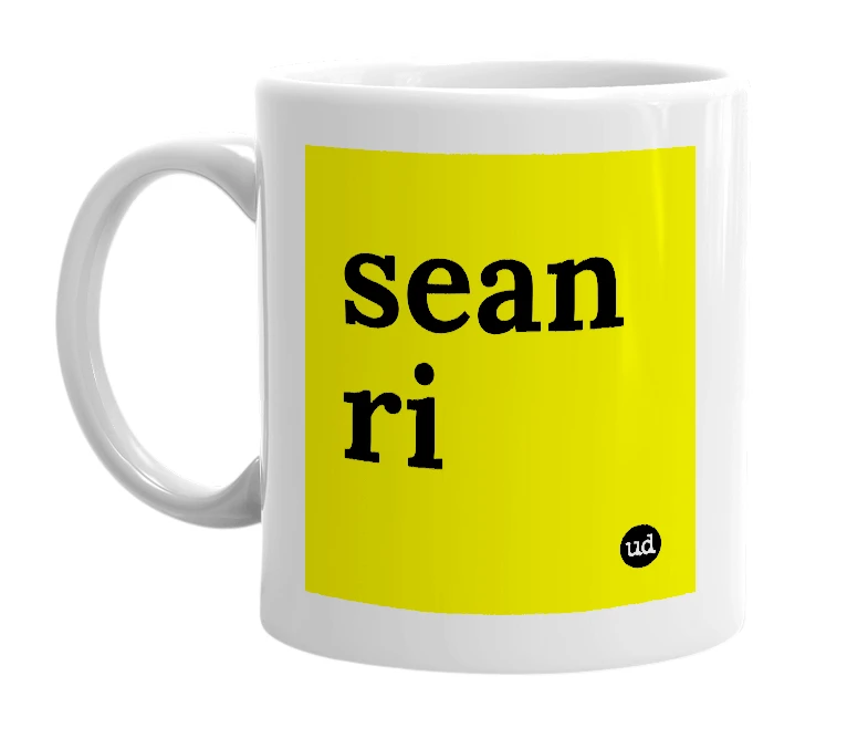 White mug with 'sean ri' in bold black letters