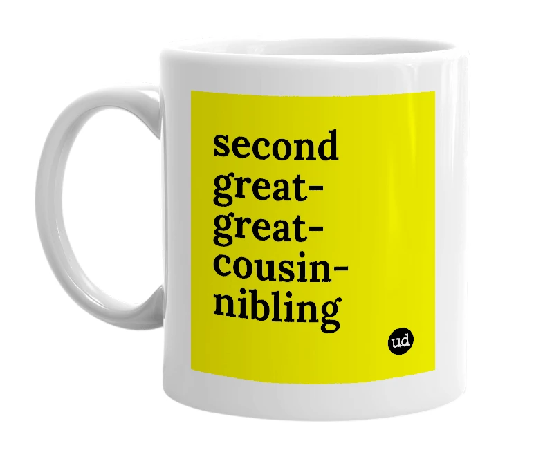 White mug with 'second great-great-cousin-nibling' in bold black letters