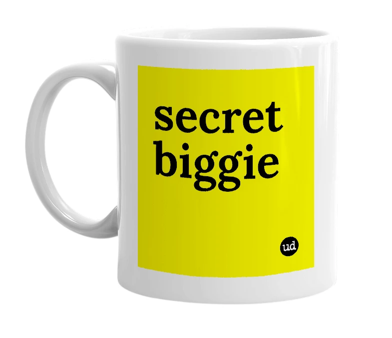 White mug with 'secret biggie' in bold black letters