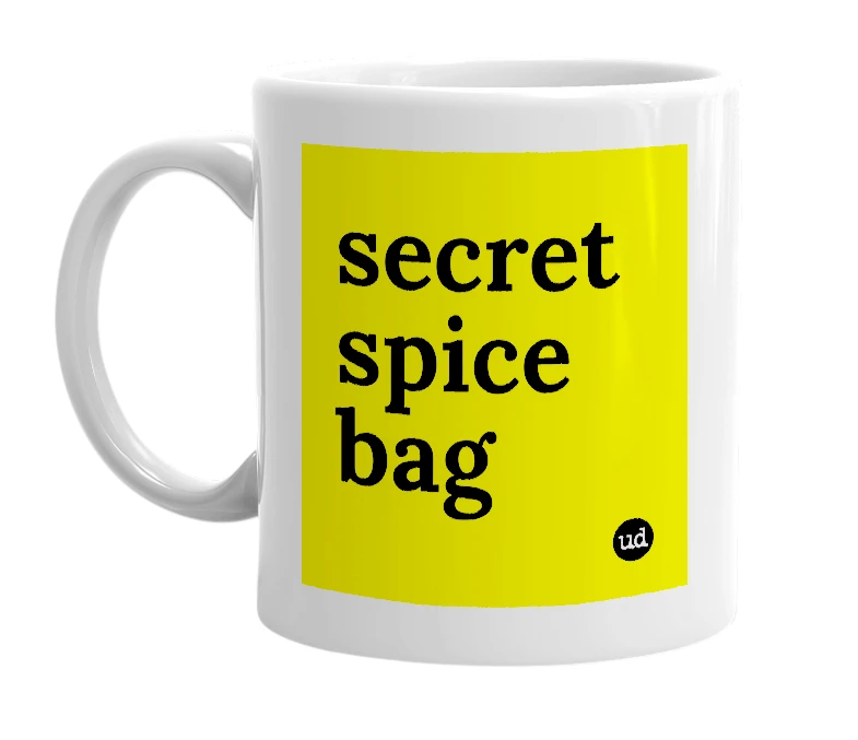 White mug with 'secret spice bag' in bold black letters