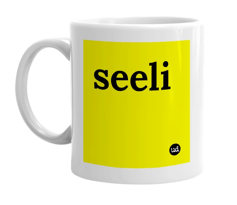 White mug with 'seeli' in bold black letters