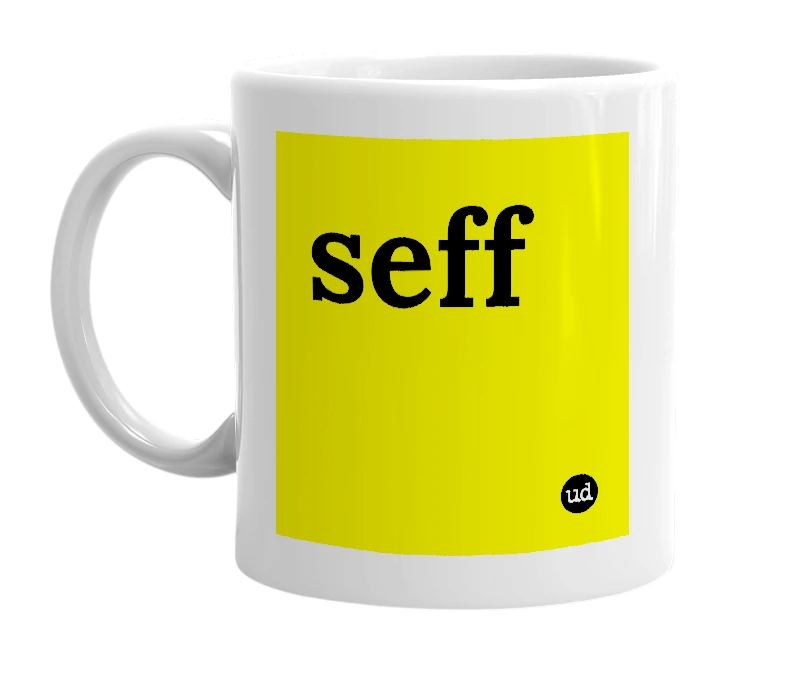 White mug with 'seff' in bold black letters