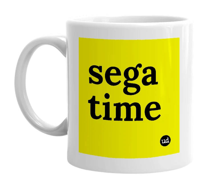 White mug with 'sega time' in bold black letters