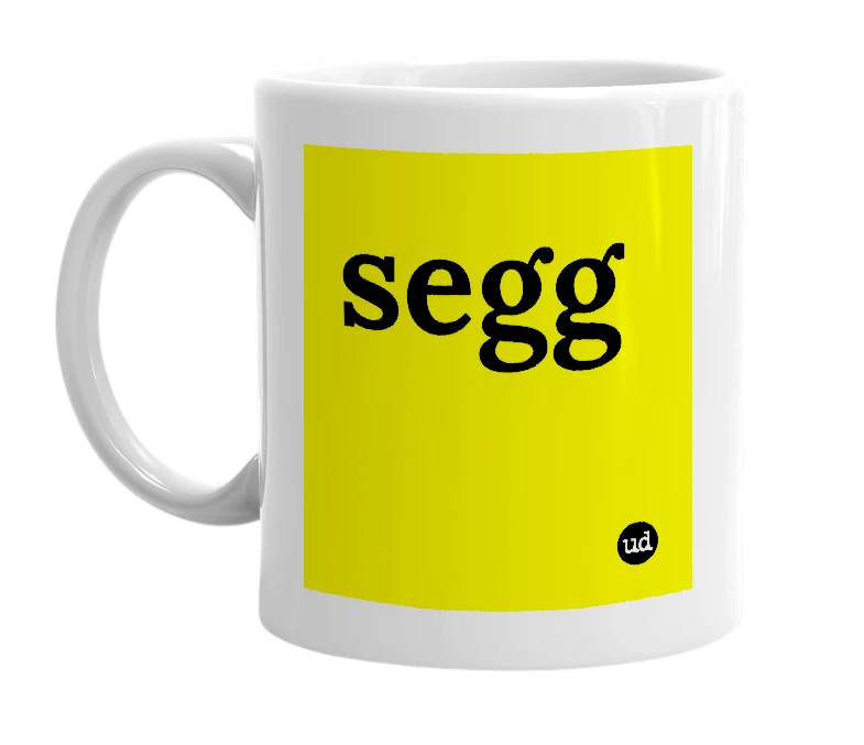White mug with 'segg' in bold black letters
