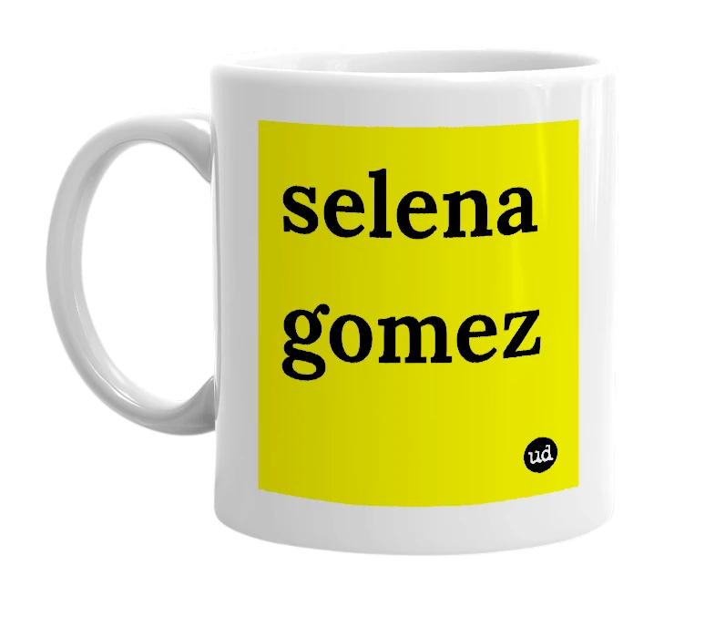 White mug with 'selena gomez' in bold black letters