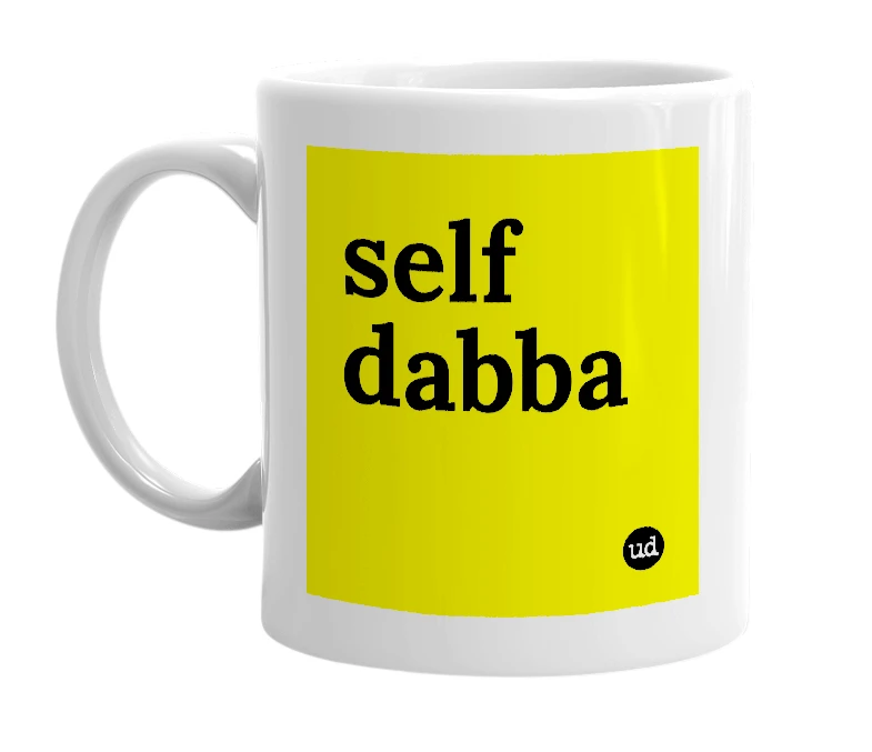 White mug with 'self dabba' in bold black letters