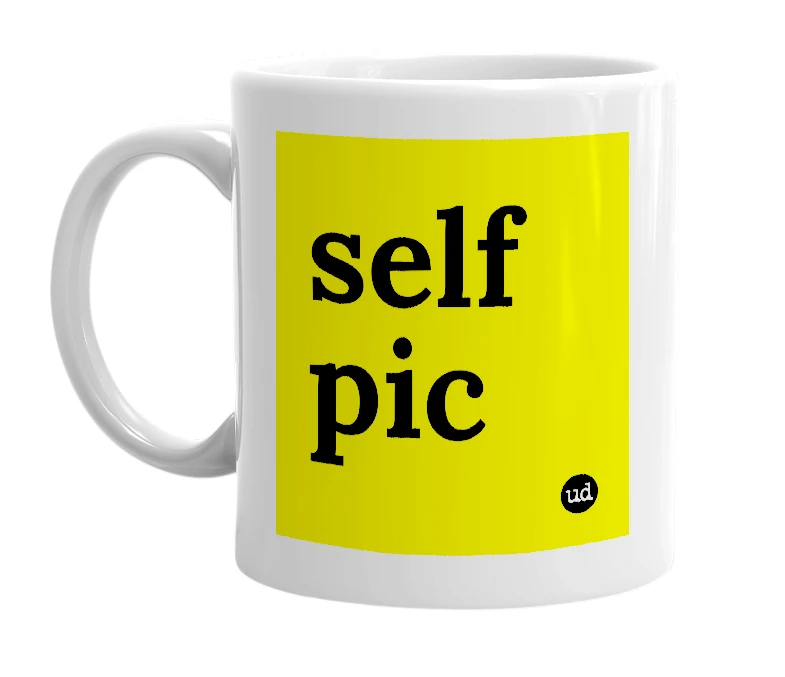 White mug with 'self pic' in bold black letters