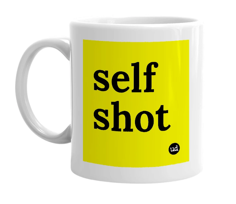 White mug with 'self shot' in bold black letters