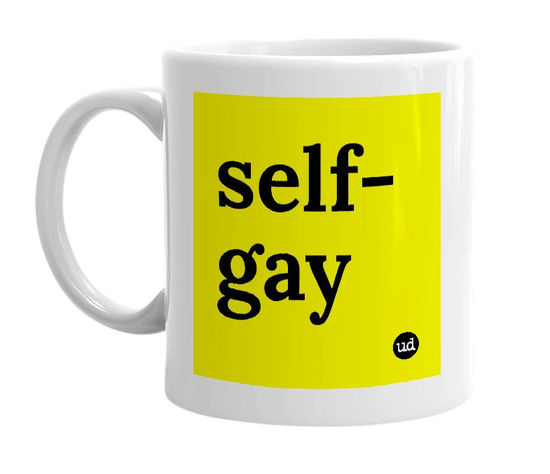 White mug with 'self-gay' in bold black letters