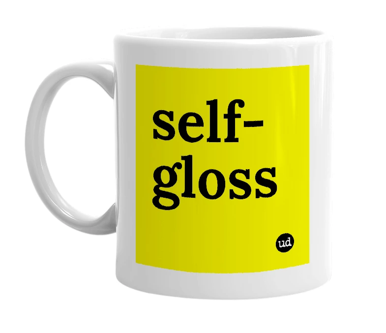 White mug with 'self-gloss' in bold black letters