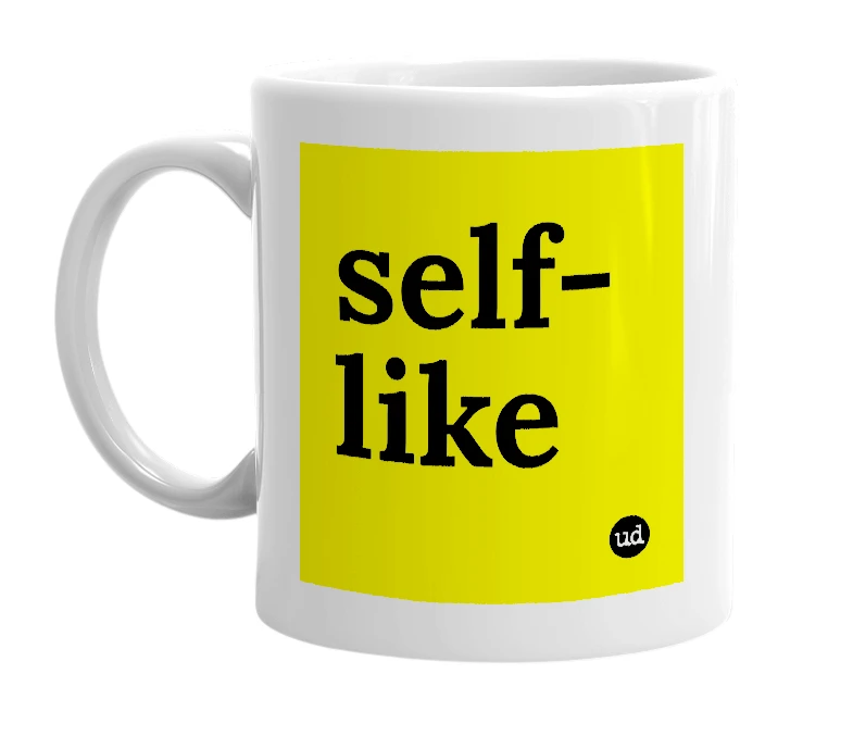 White mug with 'self-like' in bold black letters