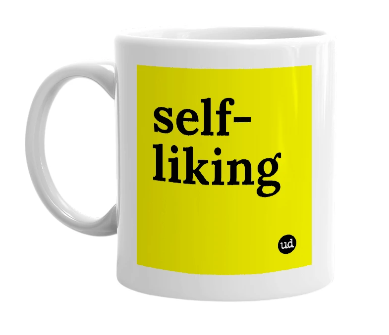 White mug with 'self-liking' in bold black letters