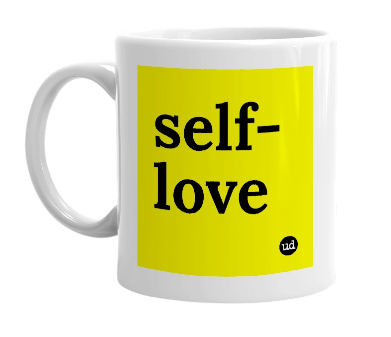 White mug with 'self-love' in bold black letters
