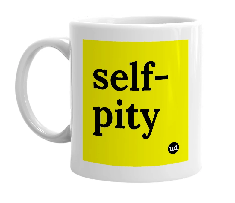 White mug with 'self-pity' in bold black letters